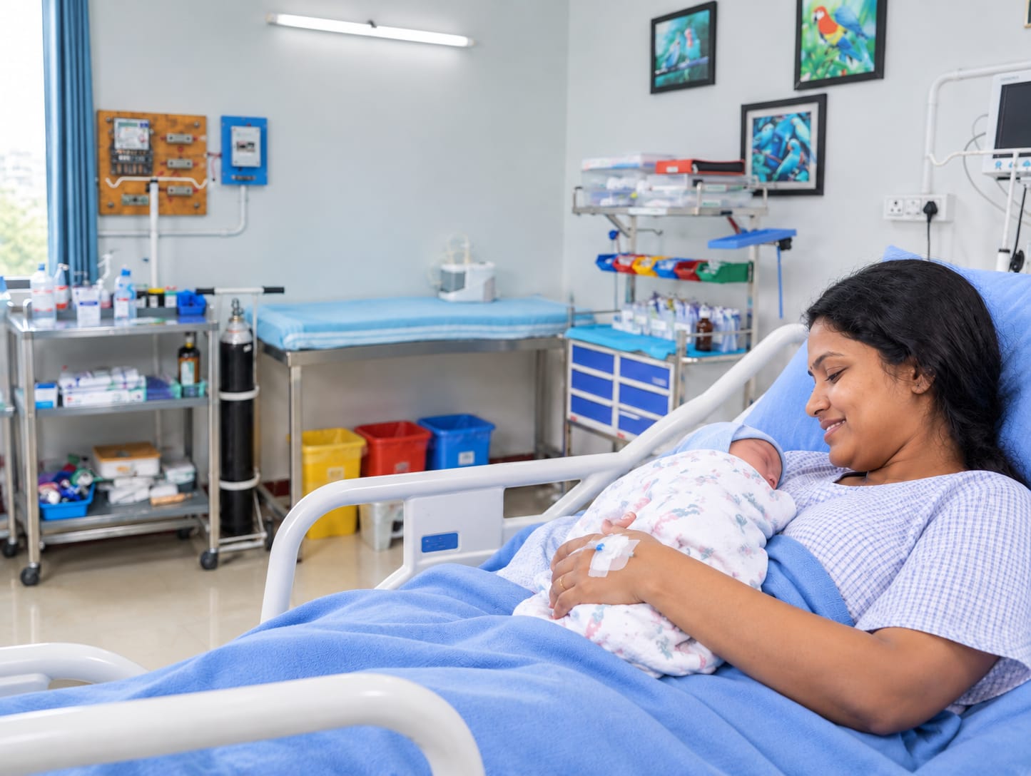 A friendly Indian female doctor smiling warmly while caring for a mother and her newborn baby in a bright, modern, and serene hospital suite.