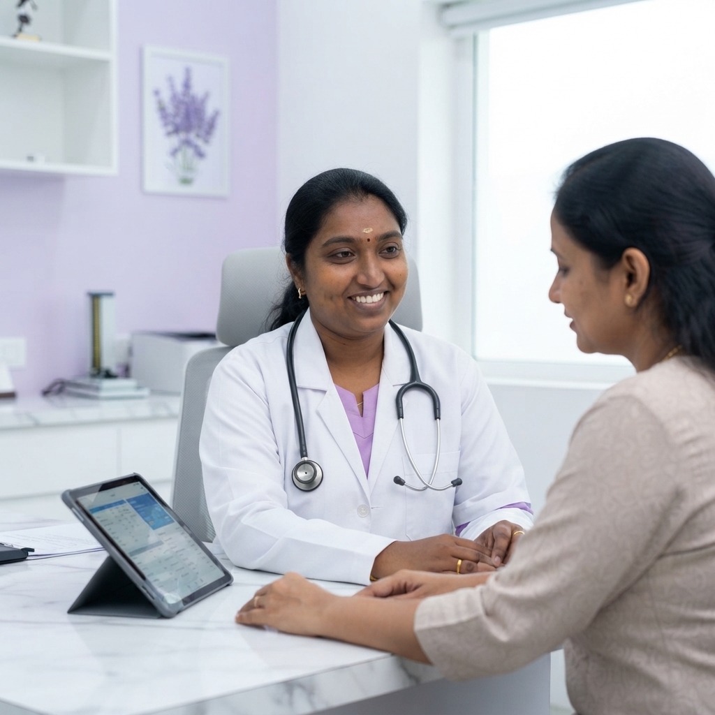 A friendly Indian female doctor smiling warmly while using a stethoscope to check an adult patient in a bright, modern clinic.