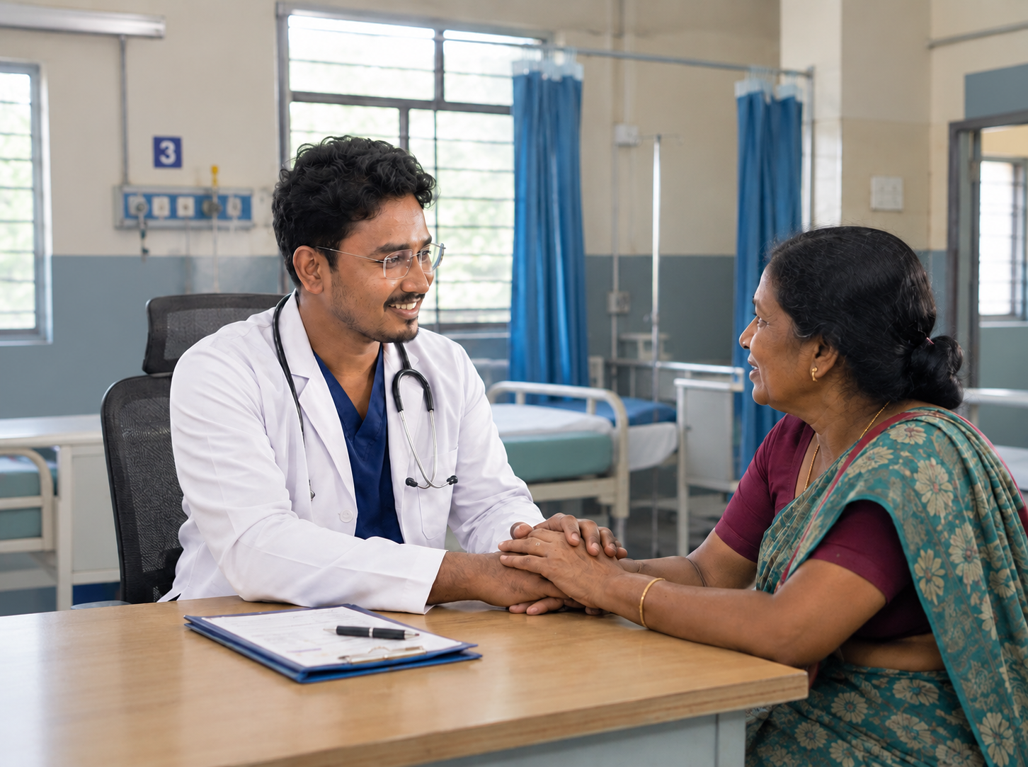 A professional medical photograph of an Indian male doctor with glasses smiling warmly while consulting with an elderly patient in a bright, modern clinic.
